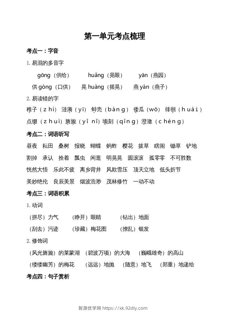五年级语文下册第一单元考点梳理（部编版）-智源优学网