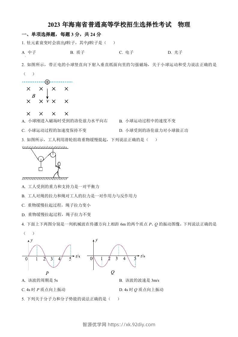 2023年高考物理试卷（海南）（空白卷）-智源优学网