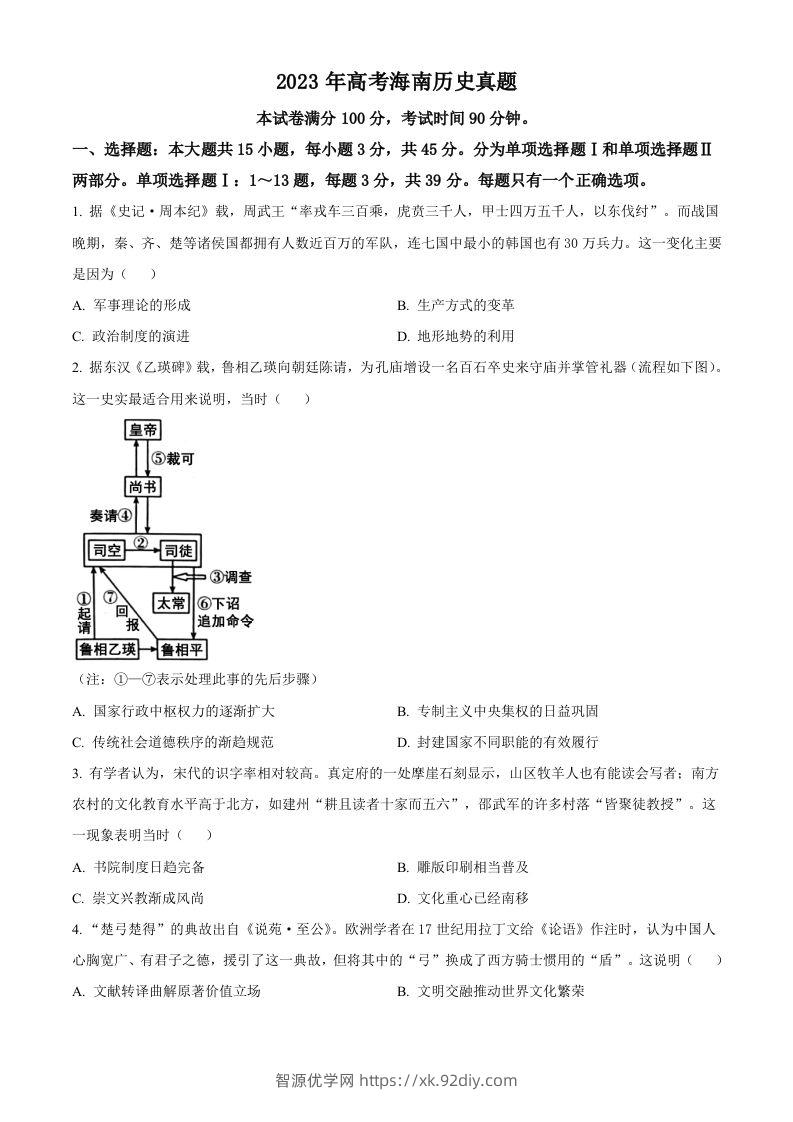 2023年高考历史试卷（海南）（空白卷）-智源优学网