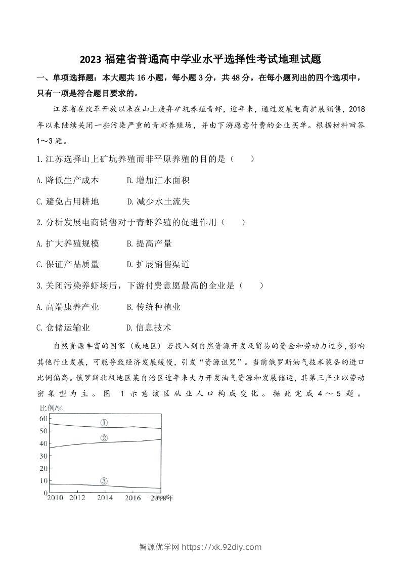 2023年高考地理试卷（福建）（空白卷）-智源优学网