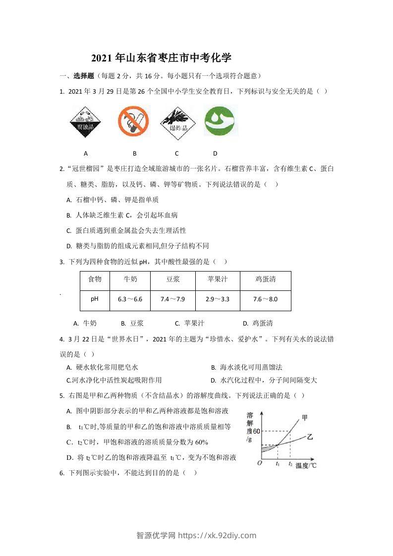 2021山东枣庄中考化学原卷-智源优学网
