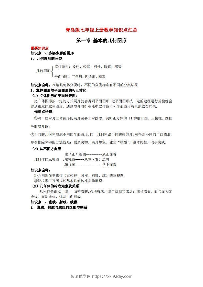 青岛版七年级上册数学知识点汇总-智源优学网