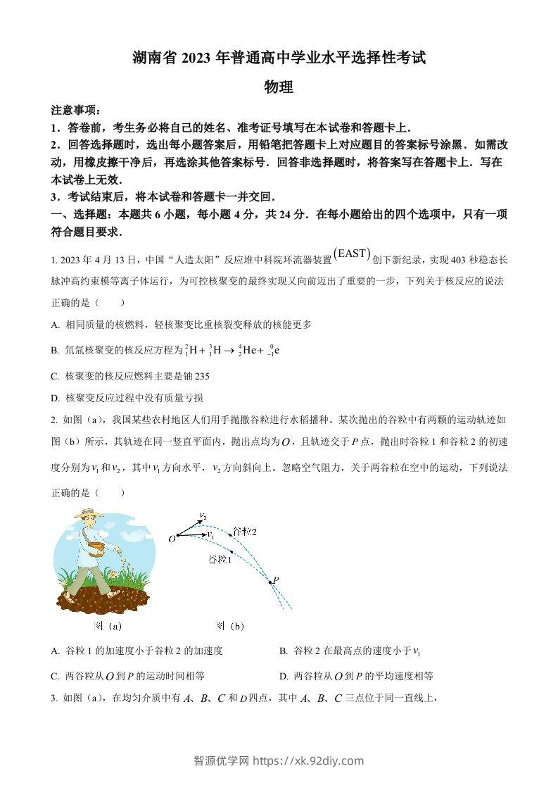 2023年高考物理试卷（湖南）（空白卷）-智源优学网