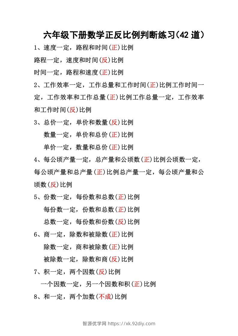 六年级下册数学正反比例专项练习-智源优学网