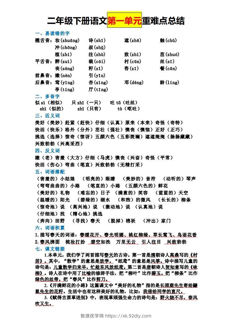 二下语文全册知识点-智源优学网