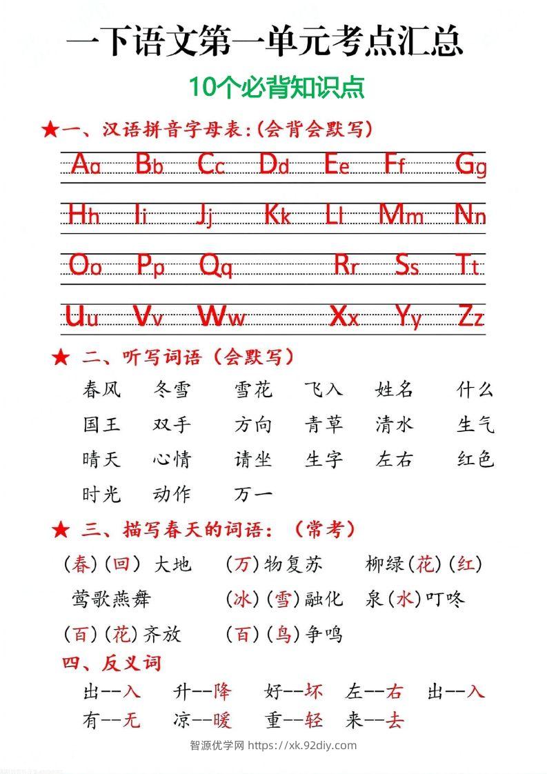 一下语文第一单元10个必备知识点-智源优学网