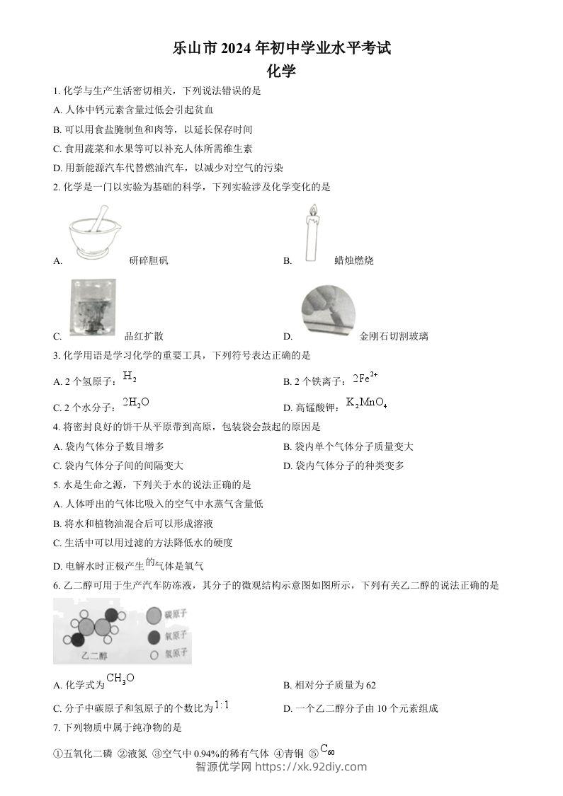 2024年四川省乐山市中考化学真题（空白卷）-智源优学网