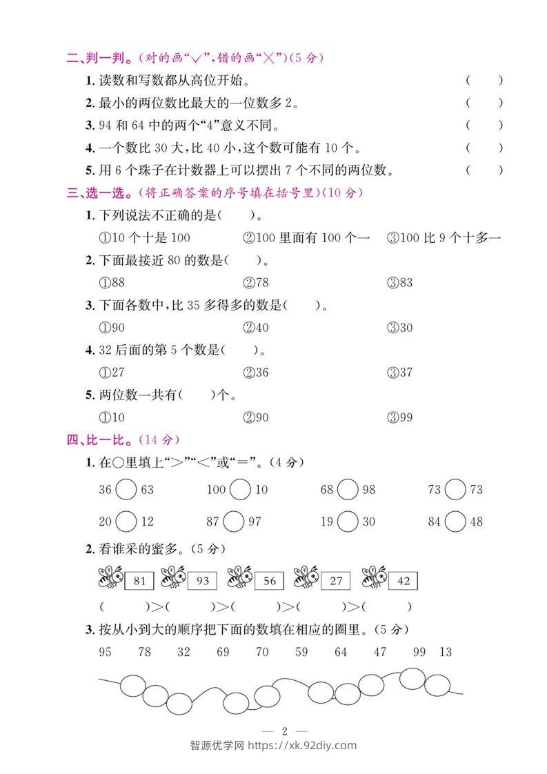 图片[2]-一年级数学下册期末五大专项复习测试卷-智源优学网