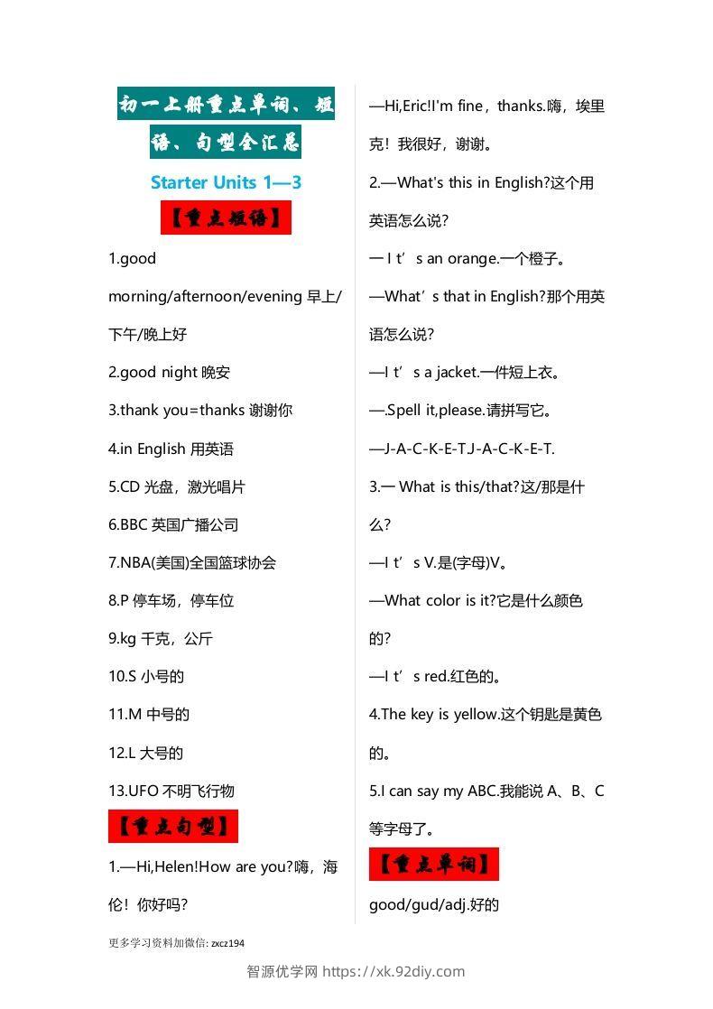 七年级上册：英语重点单词、短语、句型全汇总-智源优学网