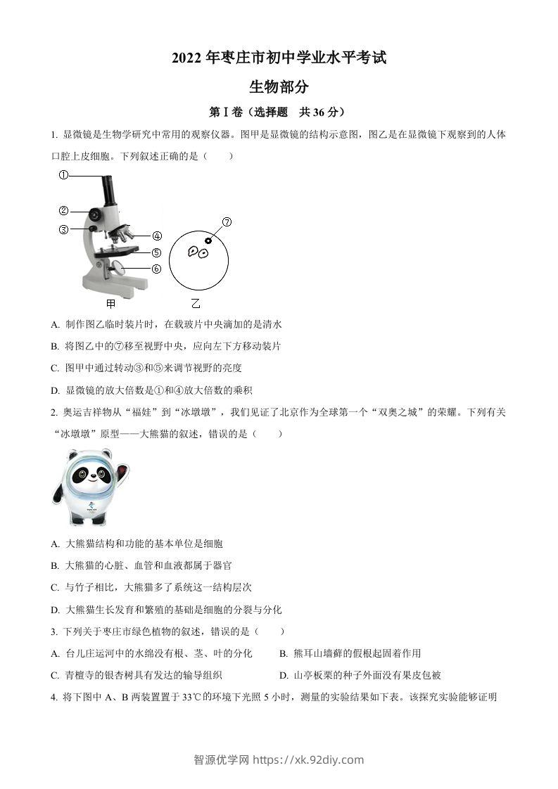2022年山东省枣庄市中考生物真题（空白卷）-智源优学网