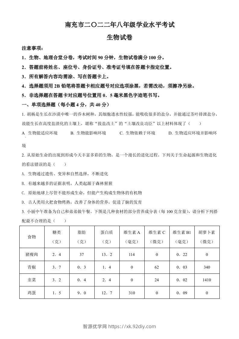 2022年四川省南充市中考生物真题（空白卷）-智源优学网