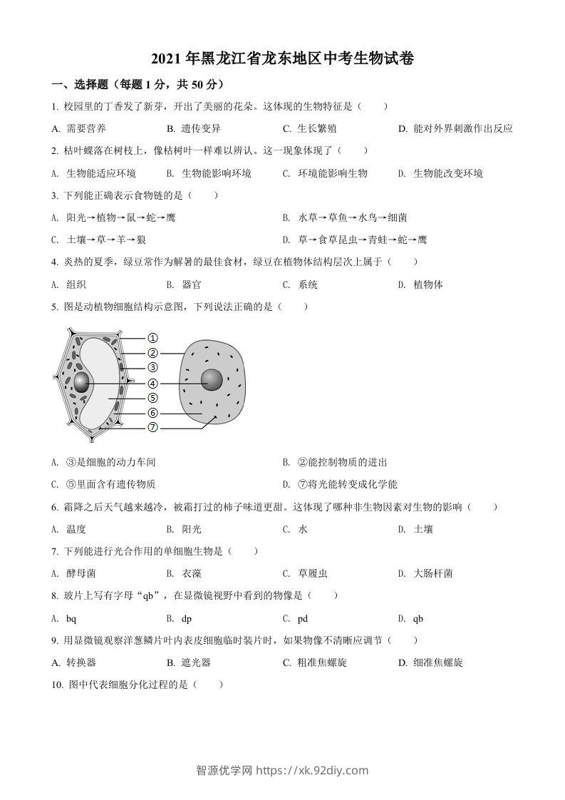 黑龙江省龙东地区2021年中考生物试题（空白卷）-智源优学网