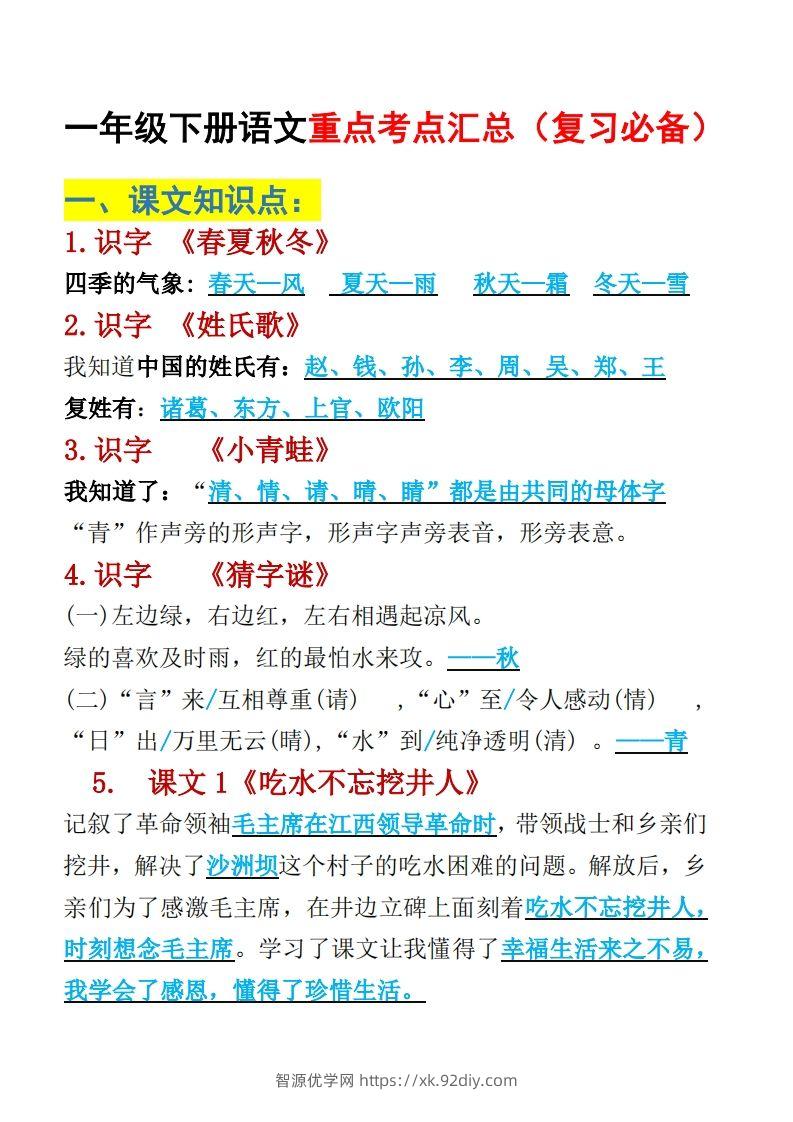 一年级下册语文重点考点汇总（复习必备）-智源优学网