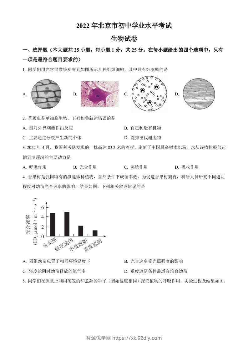 2022年北京市中考生物真题（空白卷）-智源优学网