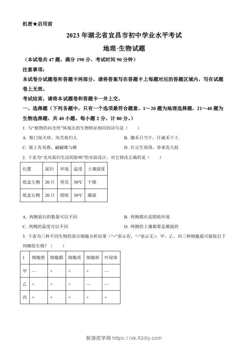 2023年湖北省宜昌市中考生物真题（空白卷）-智源优学网