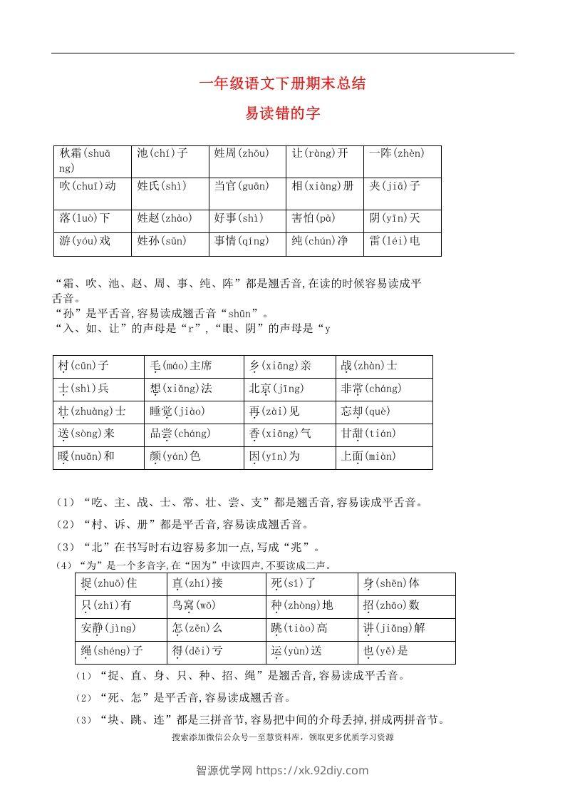 一年级语文下册期末总结—易读（写）错的字-智源优学网