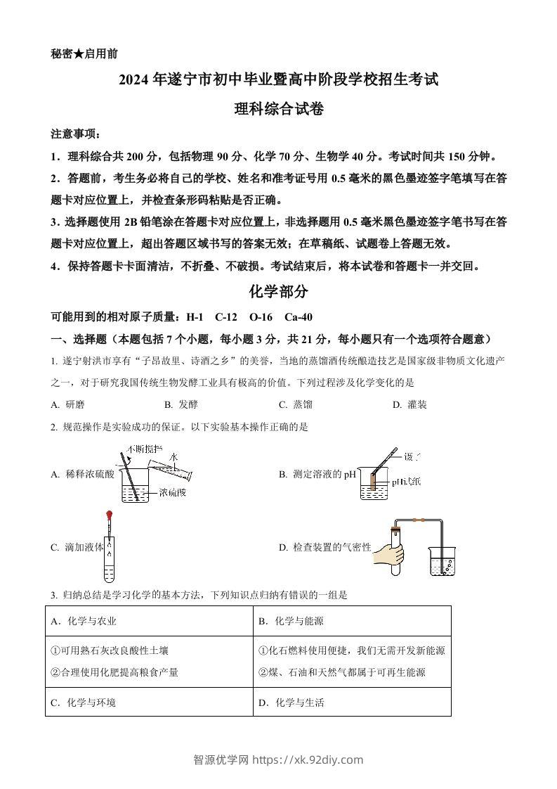 2024年四川省遂宁市中考化学真题（空白卷）-智源优学网