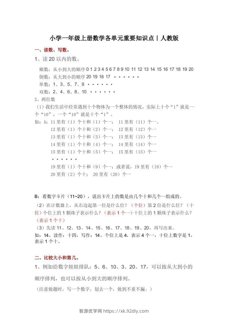 人教版一年级数学上册概念知识点整理-智源优学网