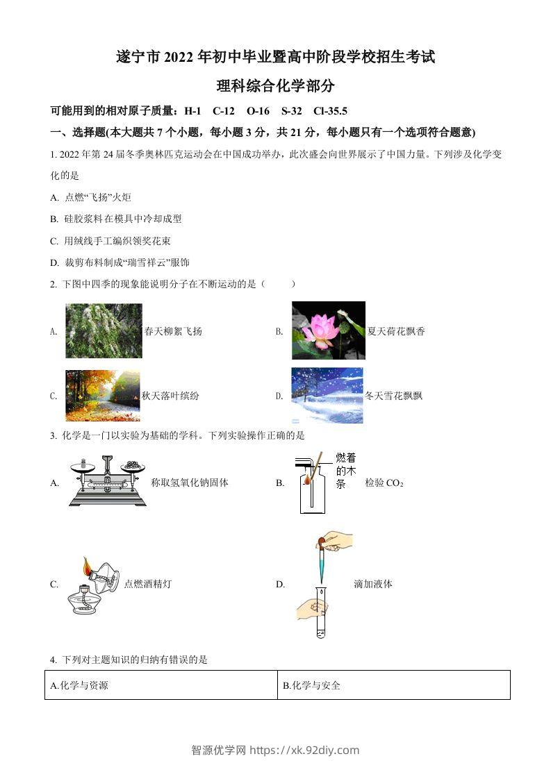 2022年四川省遂宁市中考化学真题（空白卷）-智源优学网