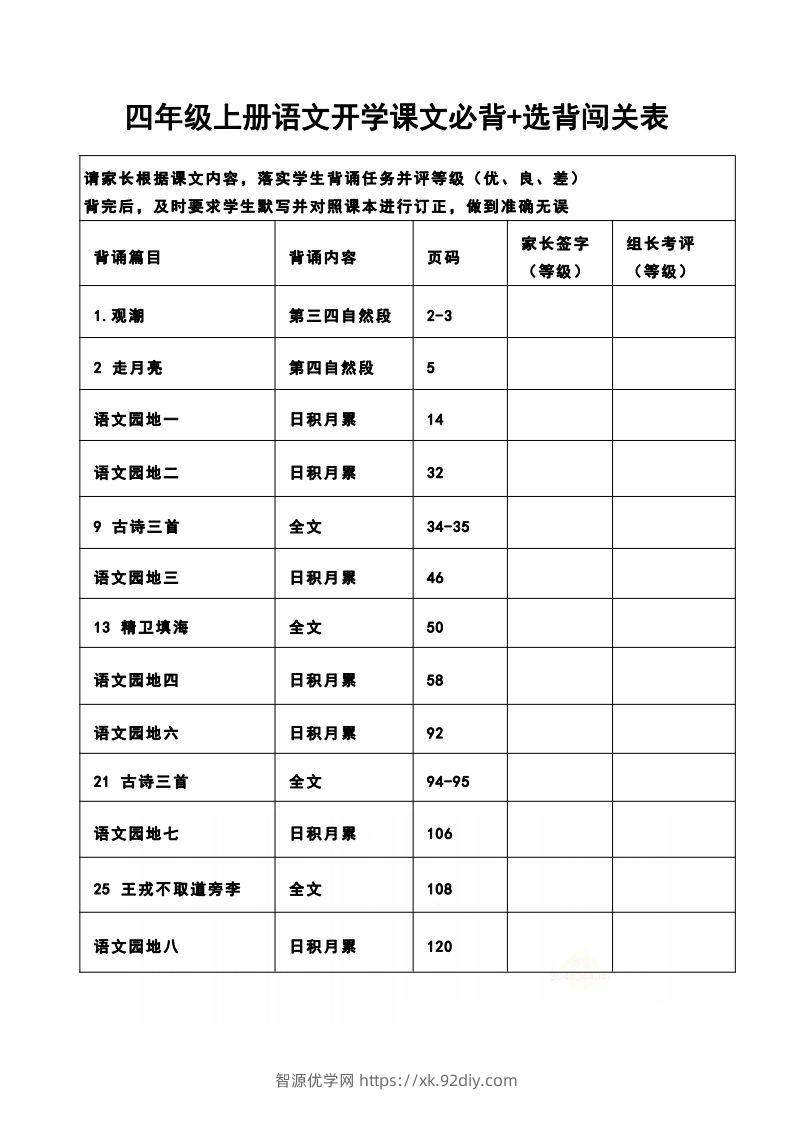 四（上）语文开学课文必背+选背闯关表-智源优学网