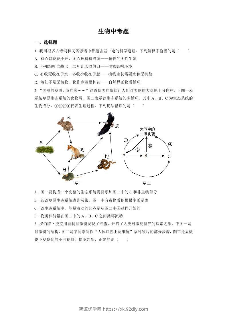 2022年四川省达州市中考生物真题（空白卷）-智源优学网