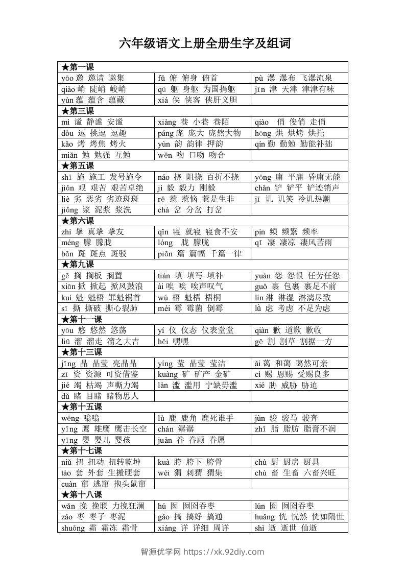 六年级语文上册全册生字及组词-智源优学网