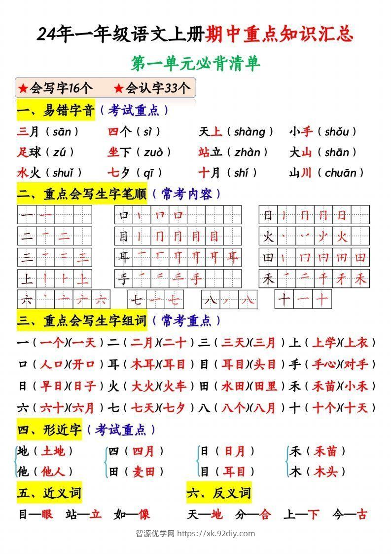 24年一年级语文上册期中重点知识汇总1_纯图版-智源优学网