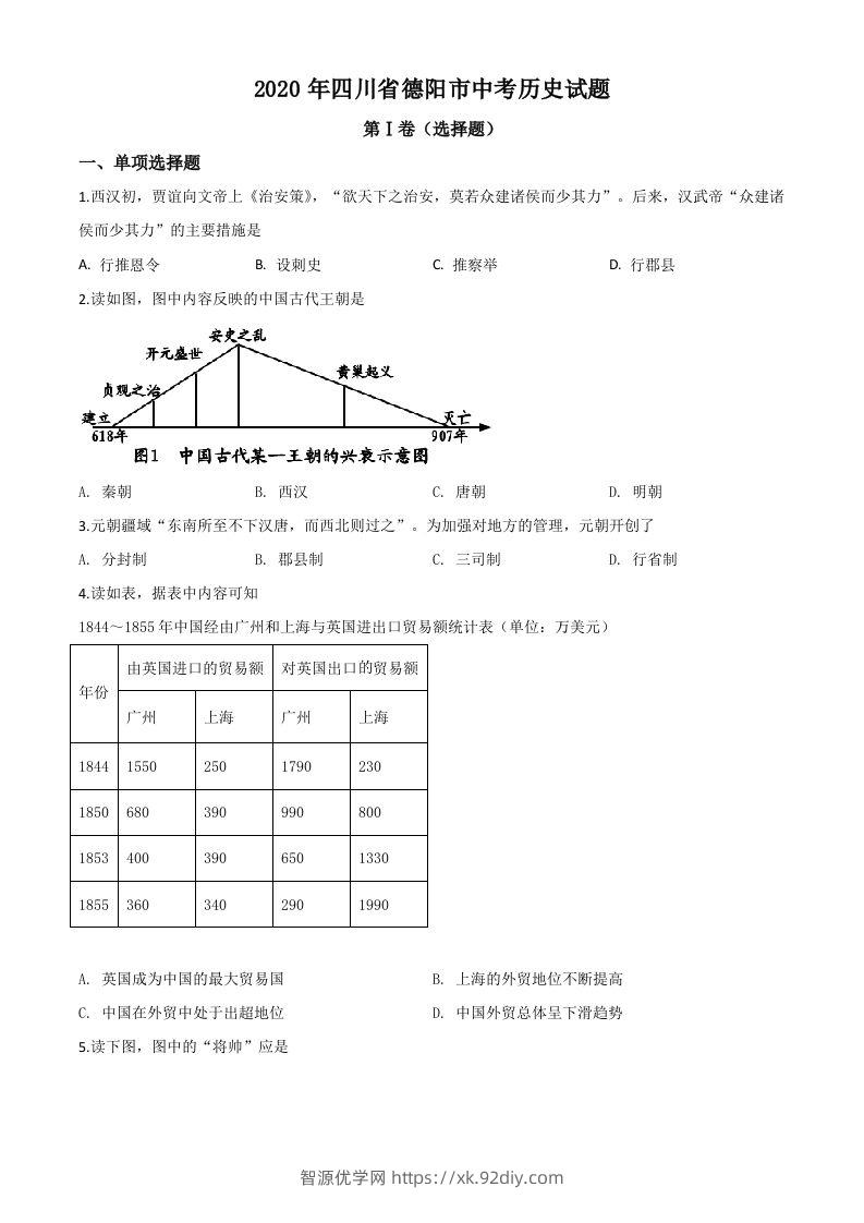 四川省德阳市2020年中考历史试题（空白卷）-智源优学网