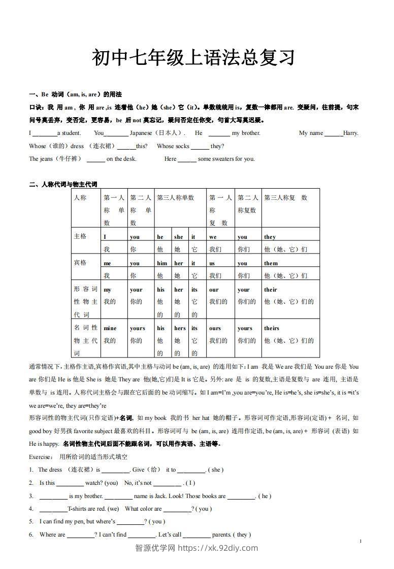 2022-2023学年英语七年级上语法总复习-智源优学网