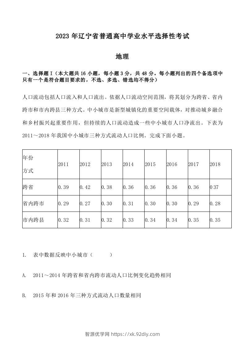 2023年高考地理试卷（辽宁）（空白卷）-智源优学网