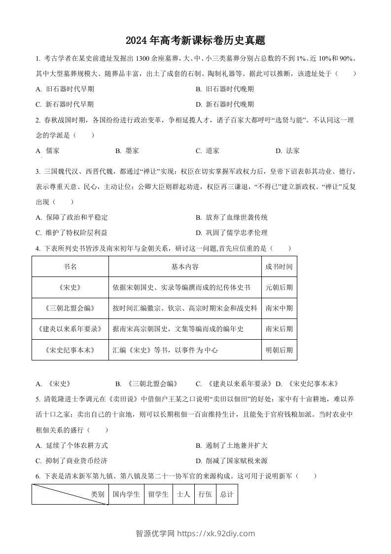 2024年高考历史试卷（新课标）（空白卷）-智源优学网