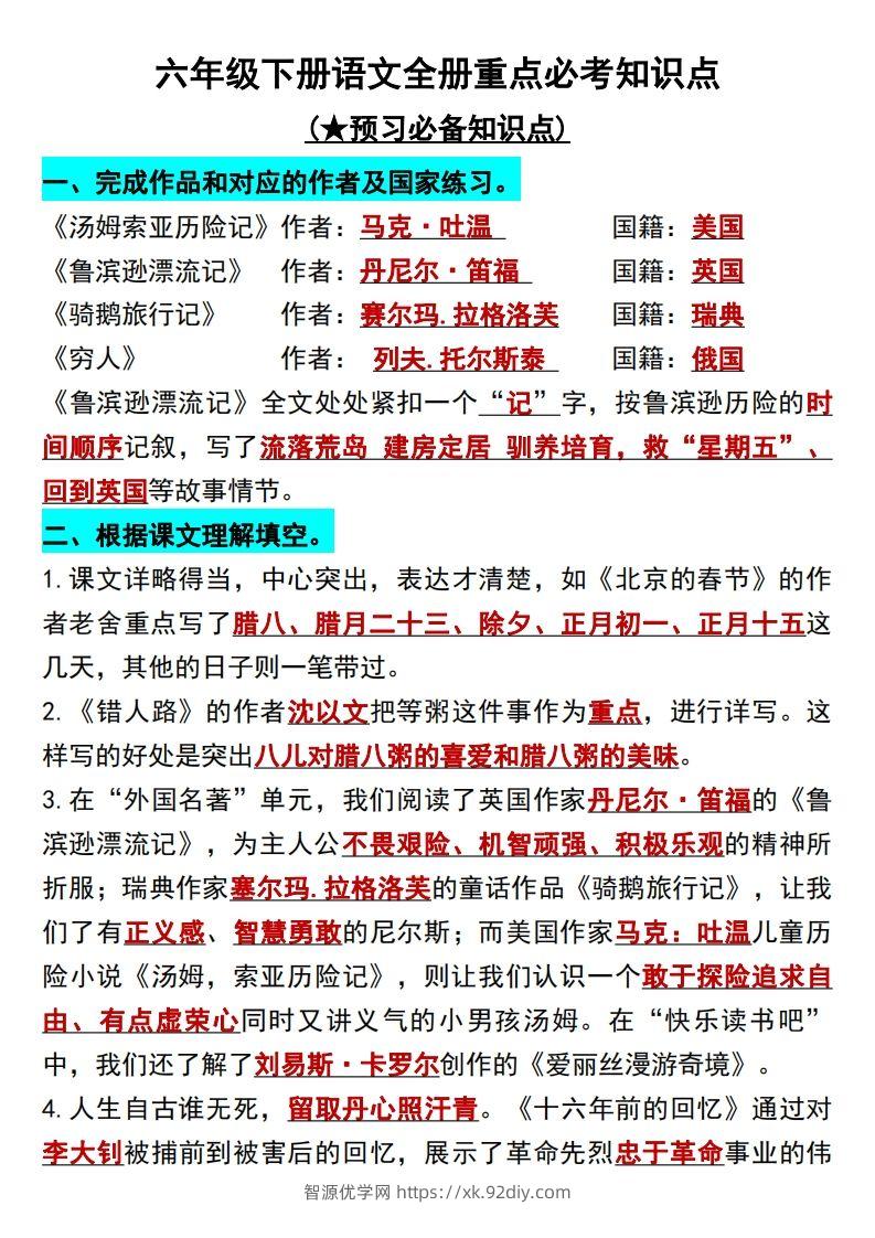 六年级语文下册知识点归纳总复习-智源优学网