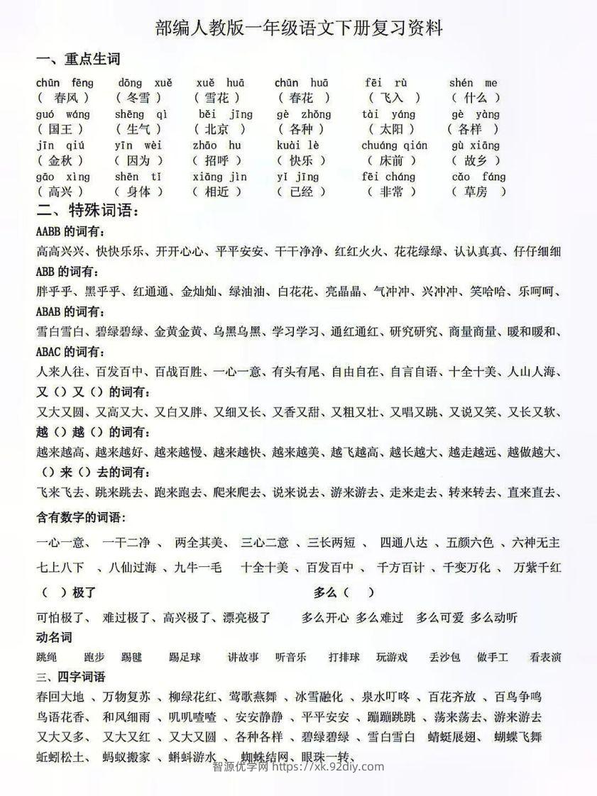 人教版一年级语文下册复习资料-智源优学网
