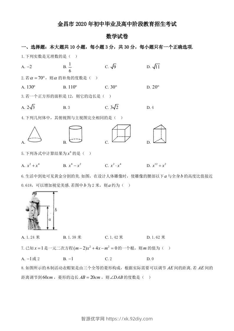 甘肃省金昌市2020年中考数学试题-智源优学网