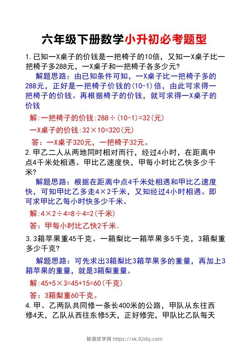 六年级下册数学小升初必考题型(答案)-智源优学网