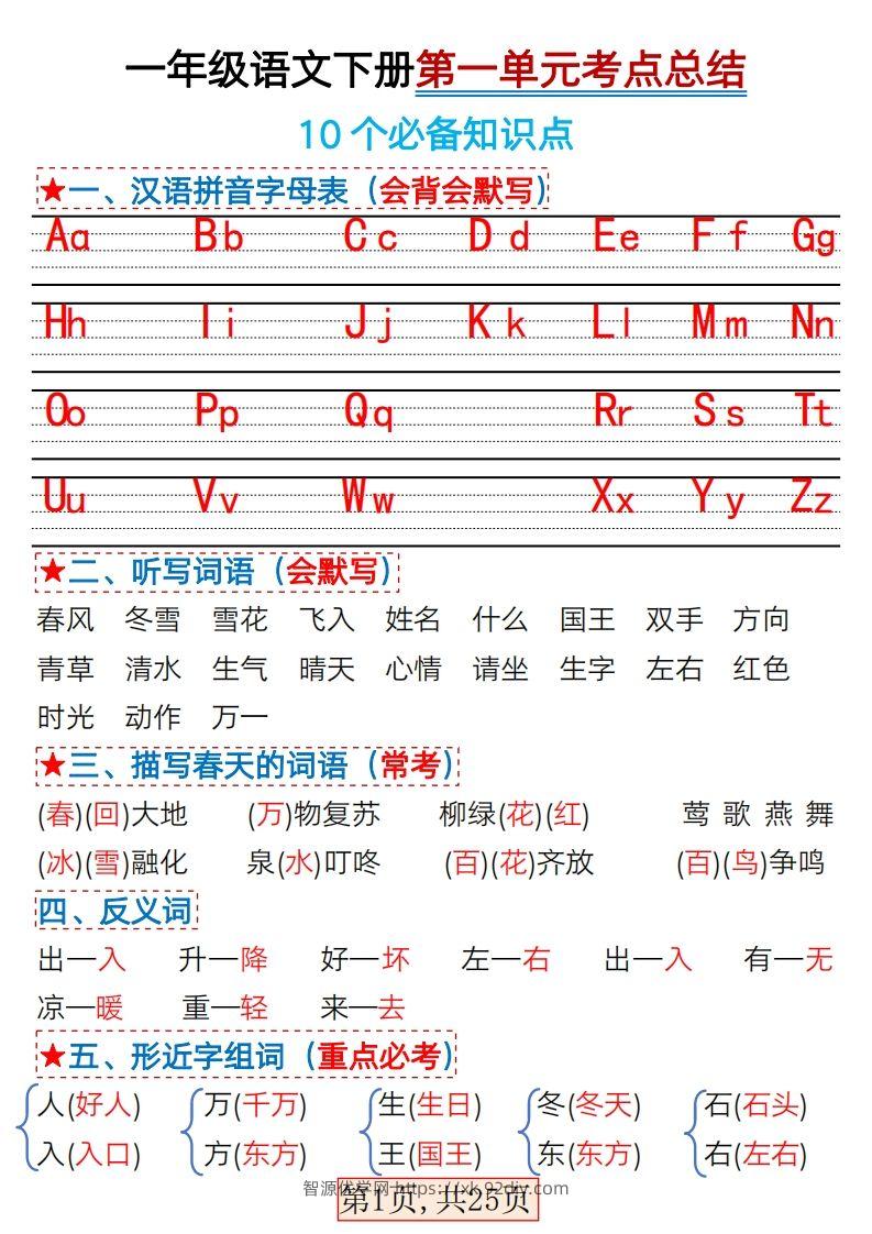 ★3.7一年级语文下册1-4单元考点总结-智源优学网