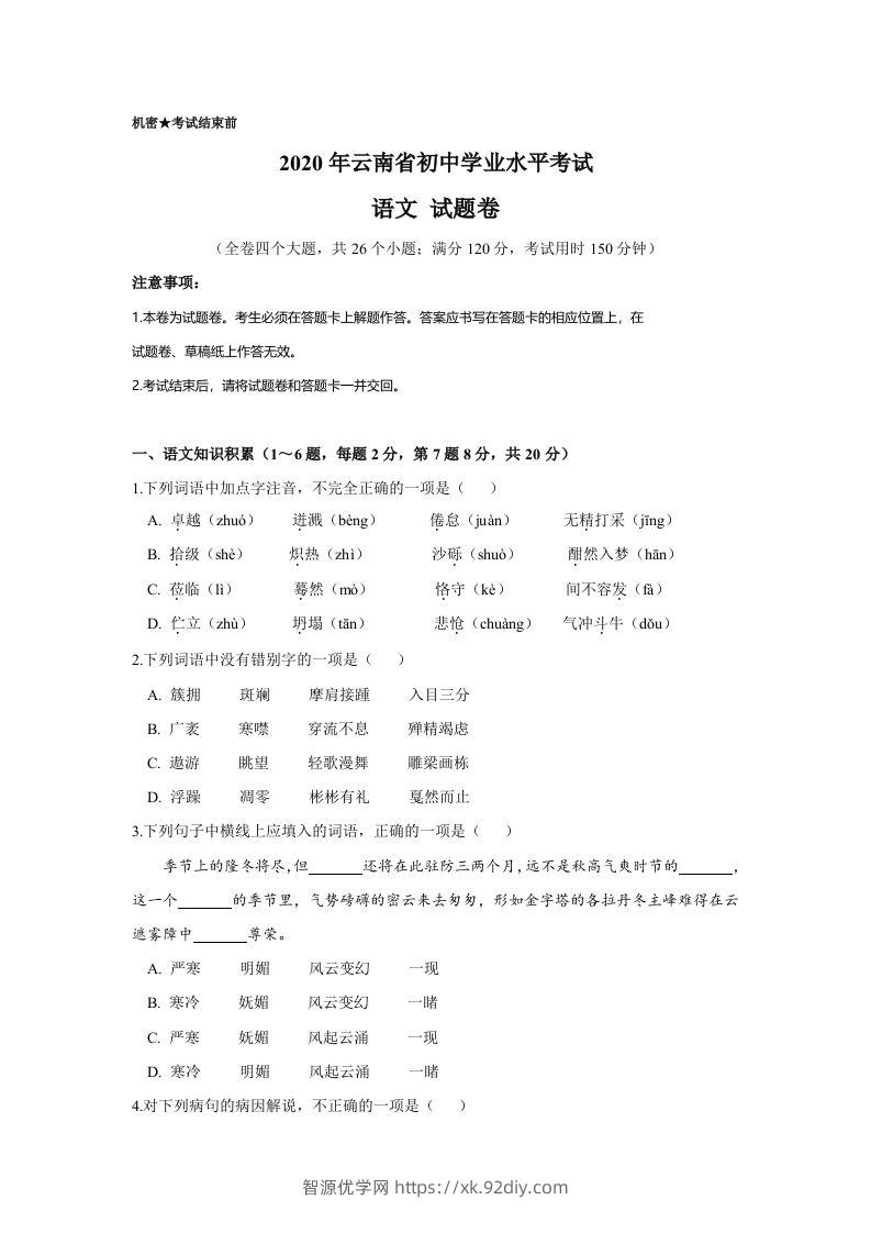 云南省2020年中考语文真题试卷（含答案）-智源优学网