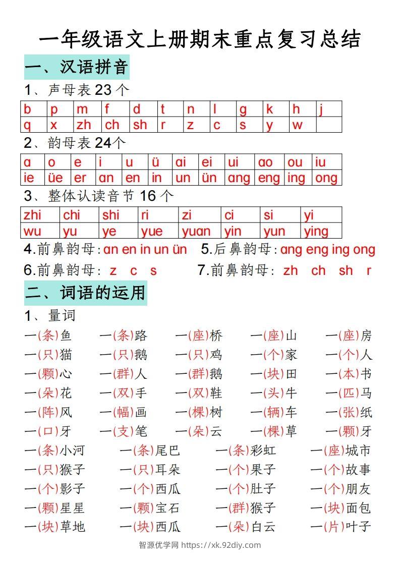 一年级语文上册期末重点复习总结-智源优学网
