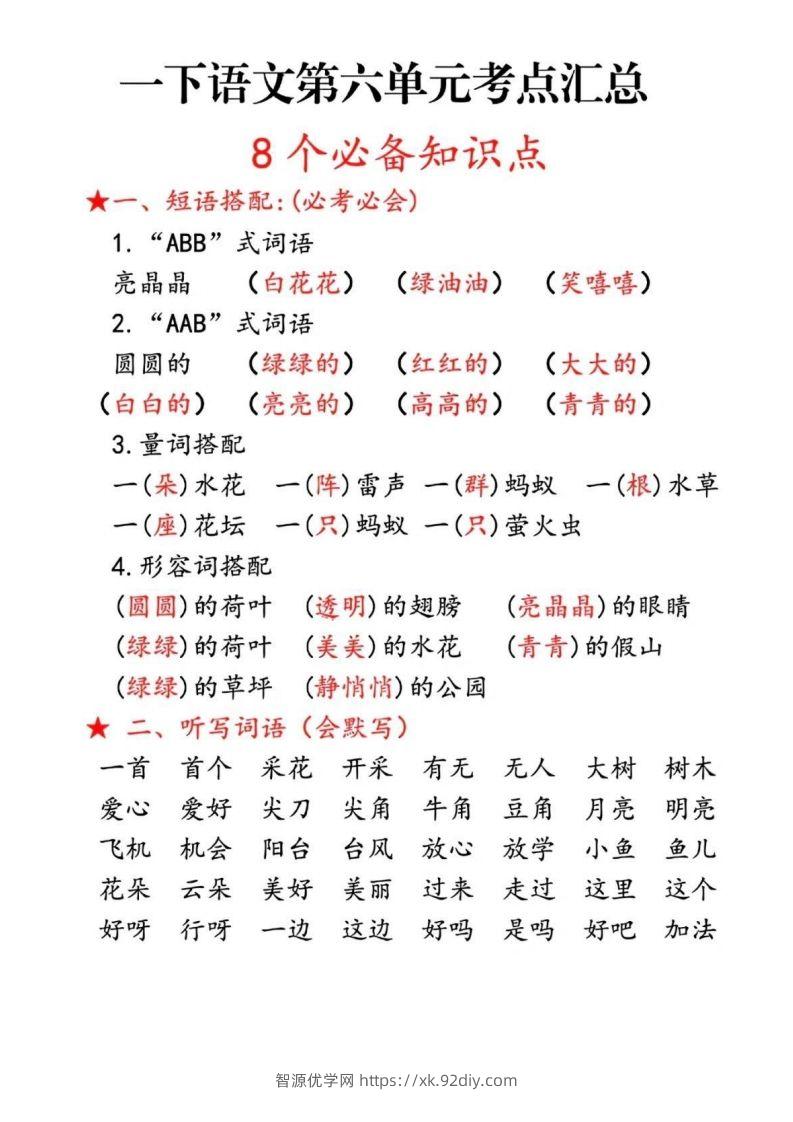 一下语文第六单元考点汇总-智源优学网