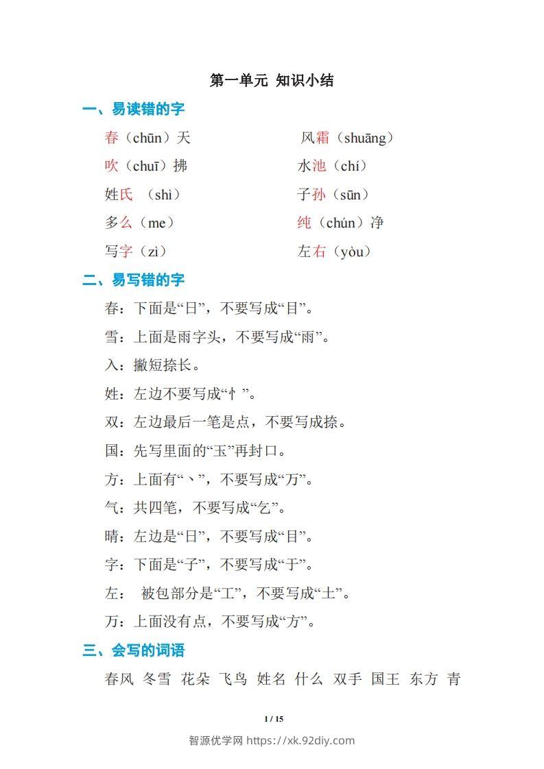 语文一年级下册期中复习知识要点-智源优学网
