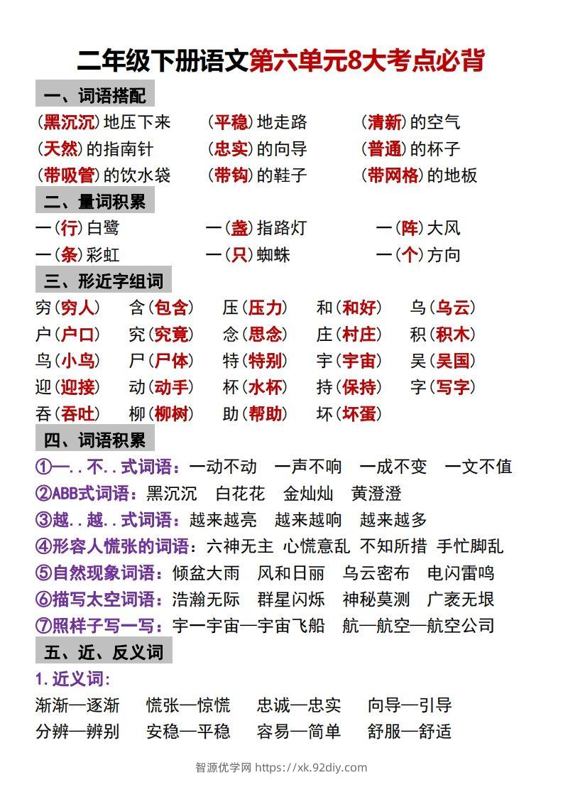 二年级下册语文第六单元8大考点必背-智源优学网