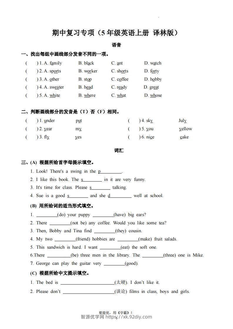 期中复习专项（五上英语译林版）-智源优学网