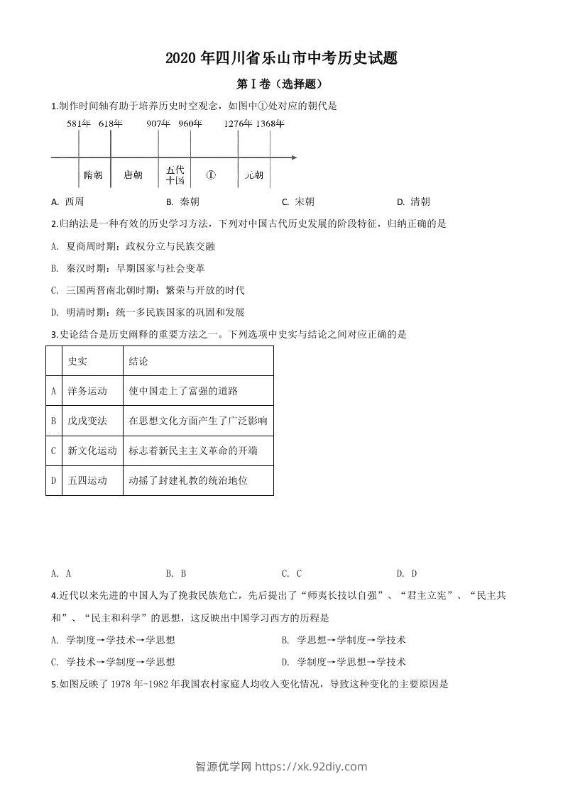 四川省乐山市2020年中考历史试题（空白卷）-智源优学网