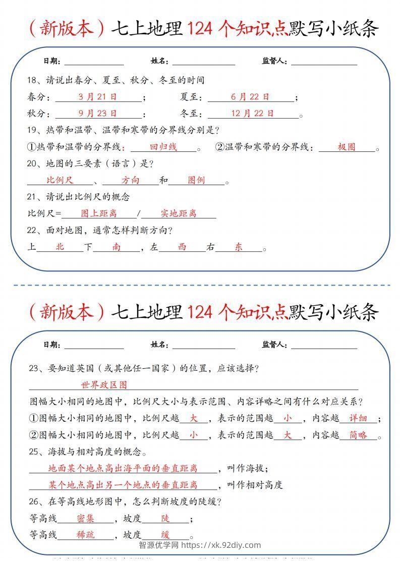 图片[3]-（新版本）七上地理124个知识点默写小纸条9.10答案-智源优学网