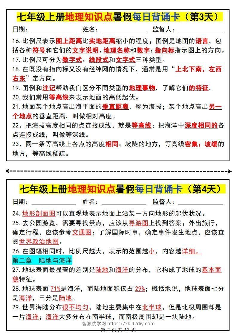 图片[2]-七上地理知识点暑假每日背诵卡-智源优学网