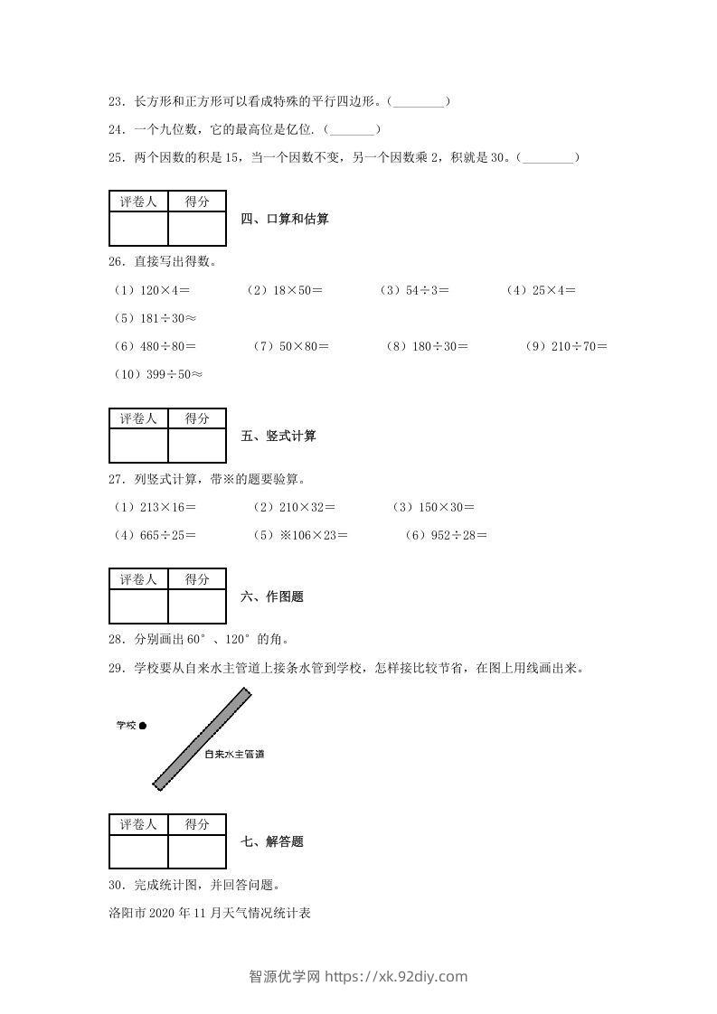图片[3]-2020-2021学年河南省洛阳市涧西区四年级上学期期末数学真题及答案(Word版)-智源优学网