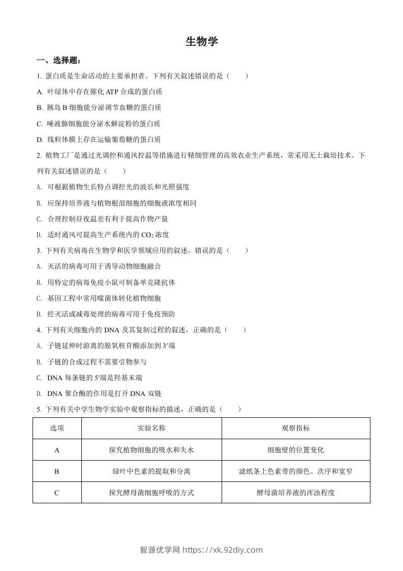 2021年高考生物试卷（辽宁）（空白卷）-智源优学网