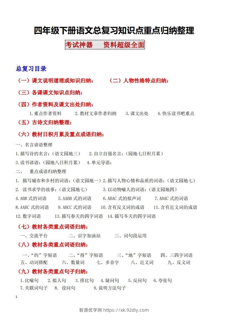 四年级语文下册知识点归纳总复习-智源优学网