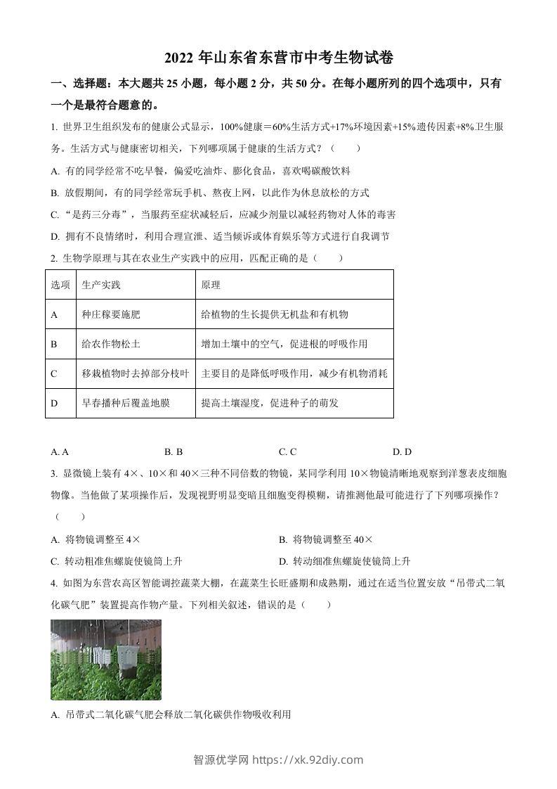 2022年山东省东营市中考生物真题（空白卷）-智源优学网