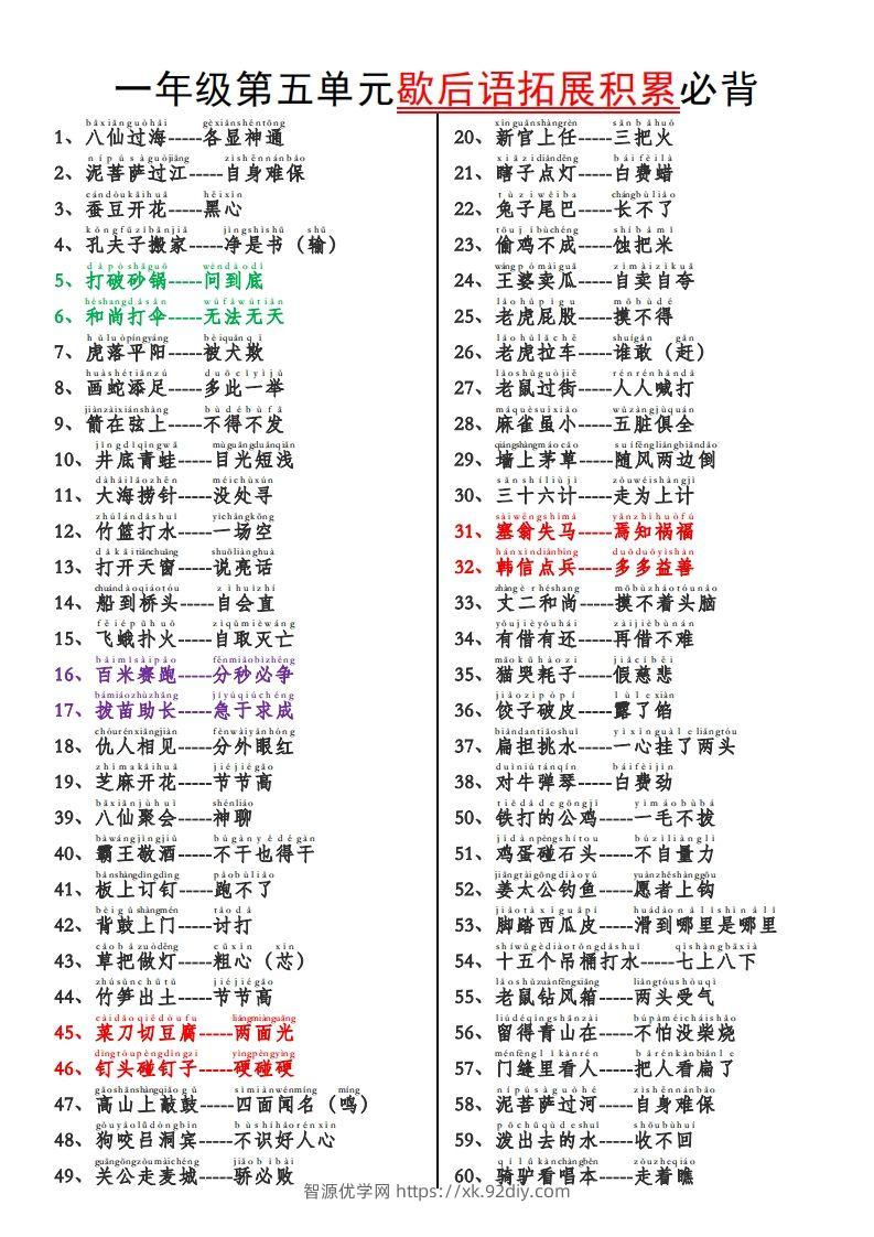 一下语文【歇后语拓展积累】第五单元-智源优学网